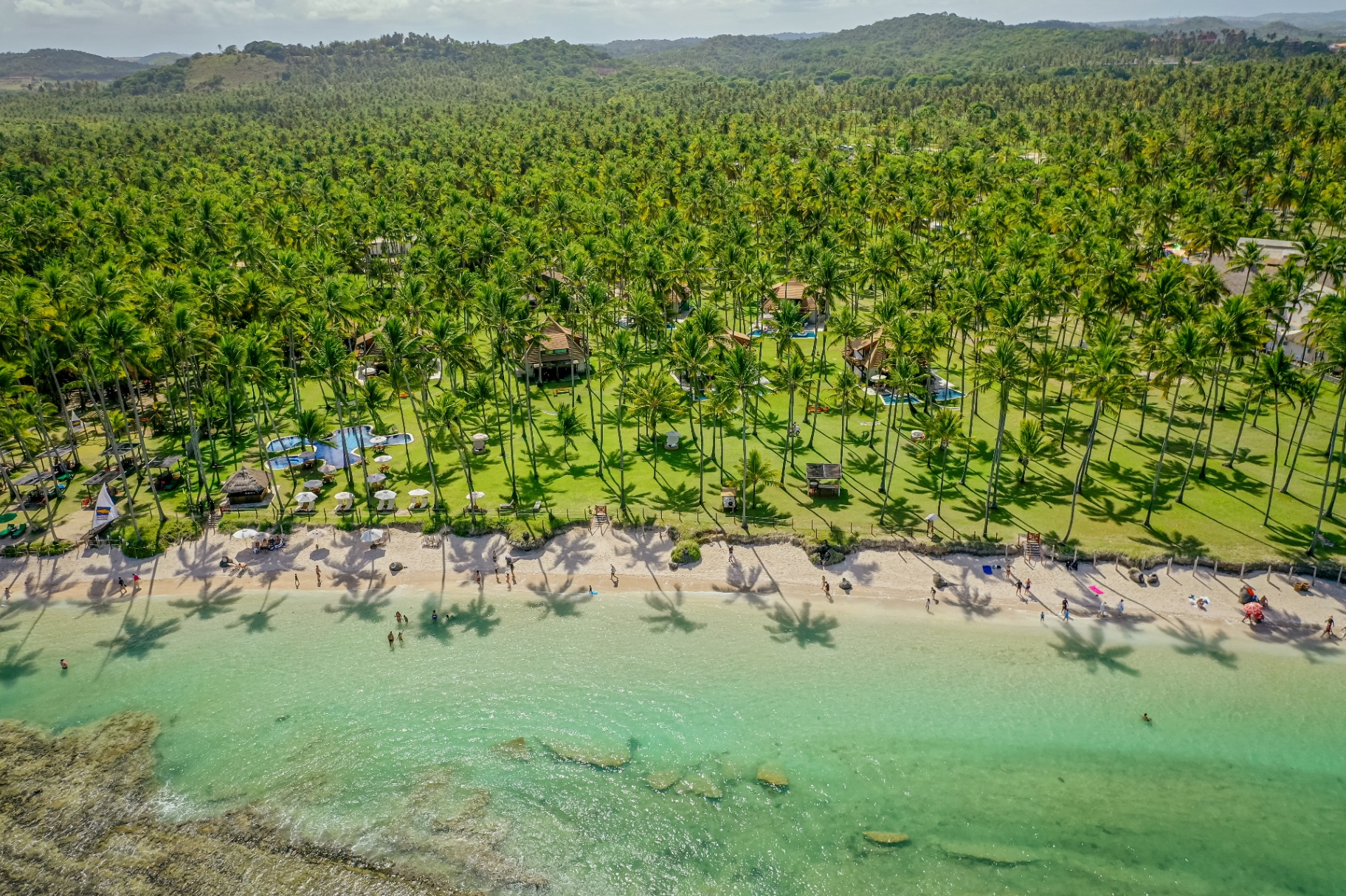 Vista aérea da Praia dos Carneiros com coqueiral e mar cristalino do Pontal dos Carneiros